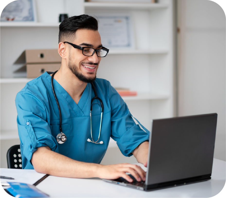 Doctor checking Healthness Patient Network on laptop